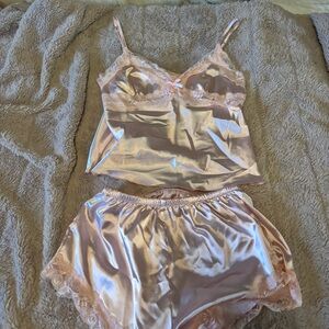SHEIN Satin Blush Lace Pajama Set